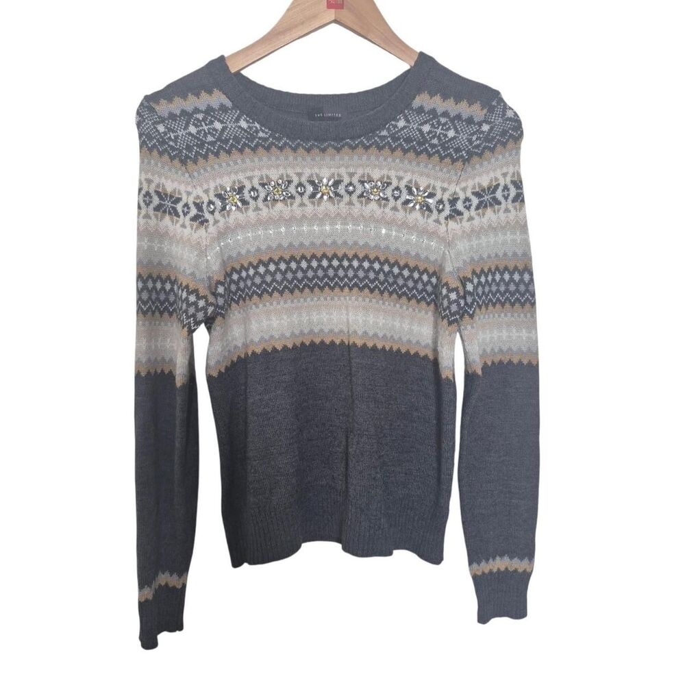 The Limited Fair Isle Wool Blend Rhinestone Sweater Gray Tan Nordic Size Medium